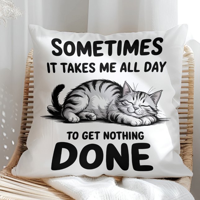 "All Day Doing Nothing" Funny Lazy Cat Throw Pillow ("All Day Doing Nothing" Funny Lazy Cat Throw Pillow in a sunny boho neutral rattan chair)