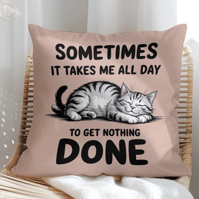 "All Day Doing Nothing" Funny Lazy Cat Throw Pillow ("All Day Doing Nothing" Funny Lazy Cat Throw Pillow in a sunny boho rattan chair.)