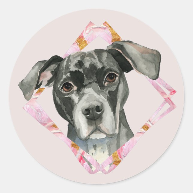 All Ears | Cute Black Pit Bull Dog Illustration Classic Round Sticker (Front)