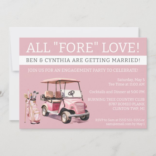 All "FORE" Love, Golf Themed Engagement, Bridal Invitation (Front)