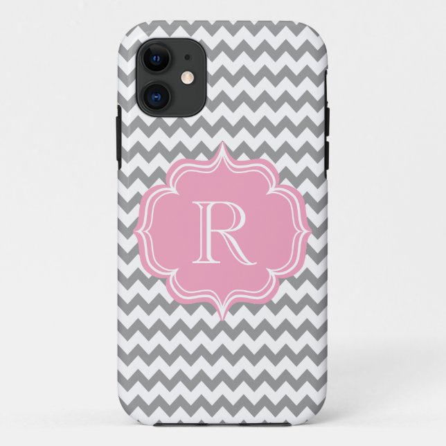 All Girl Chic Pink and Gray Chevron Monogram Case-Mate iPhone Case (Back)