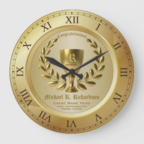 All Gold Award Golden Cup Laurel Wreath Monogram Large Clock