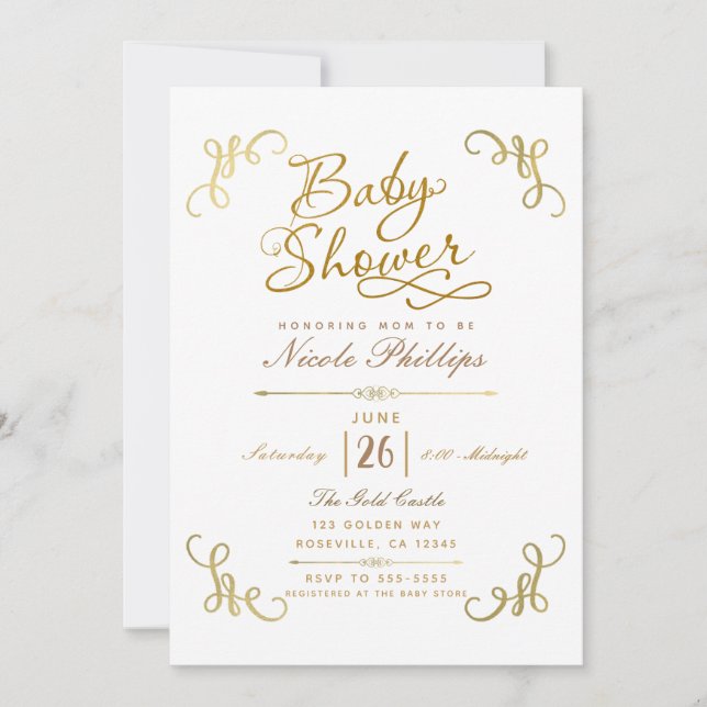 All Gold Faux Foil Baby Shower Script Type Invitation (Front)