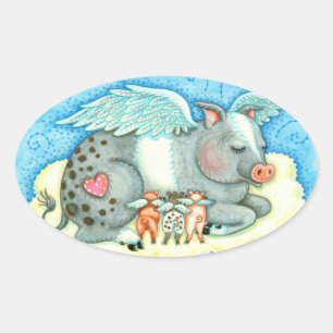 ALL GOOD PIGLETS GO TO HEAVEN, CUTE PIG ANGELS OVAL STICKER