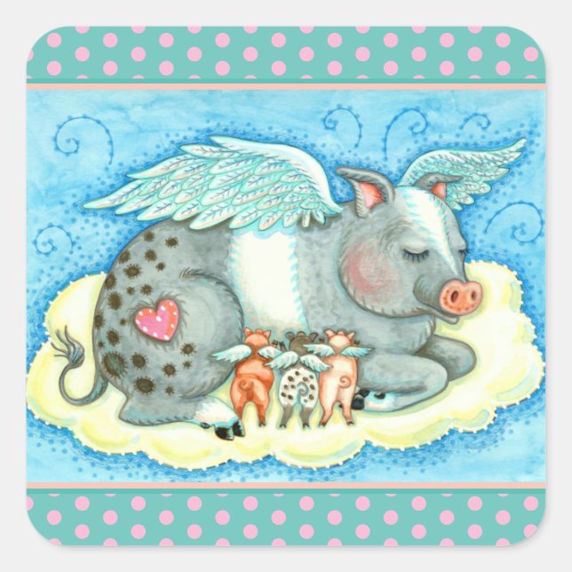 ALL GOOD PIGLETS GO TO HEAVEN, CUTE PIG ANGELS SQUARE STICKER (Front)