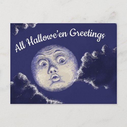 All Halloween Greetings Vintage Moon Postcard