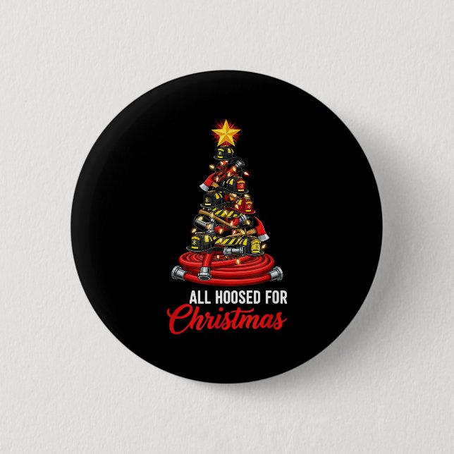 All Hoosed Christmas Firefighter Tree Shirt, Firem Button (Front)