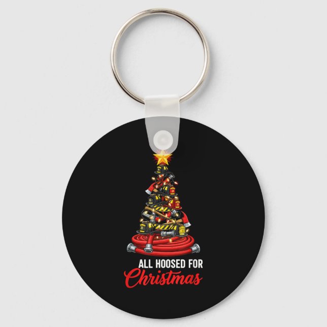 All Hoosed Christmas Firefighter Tree Shirt, Firem Keychain (Front)