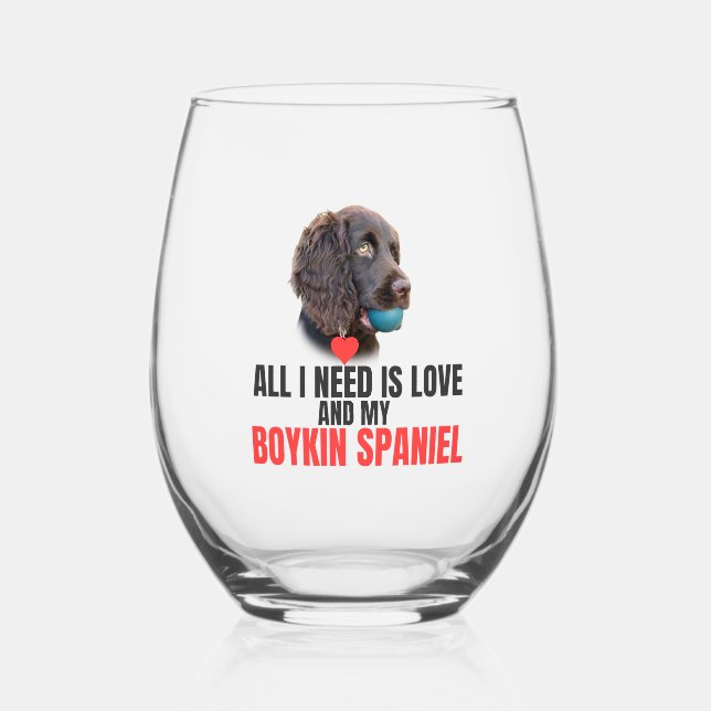 All I Need is Love-Customized Boykin Spaniel  Stemless Wine Glass (Front)