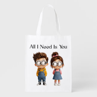 All I need Is You | Cute Cartoon Boy & Girl Lookin Grocery Bag