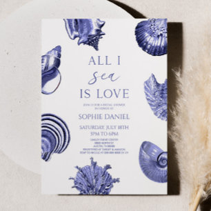 All I Sea Is Love Blue Seashells Bridal Shower Invitation