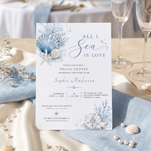 All I Sea Is Love Bridal Shower Blue Watercolor Invitation