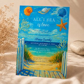 All I Sea Is Love Coastal Beach Blue Art Invitation