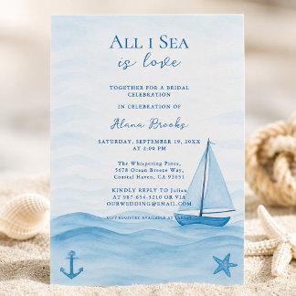 All I Sea Is Love Coastal Blue Sailboat Art Invitation