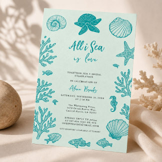 All I Sea Is Love Coastal Boho Shell Aqua Art Invitation