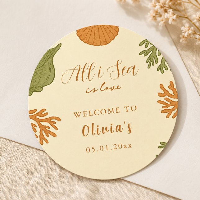All I Sea Is Love Coastal Retro Coral Art Classic Round Sticker (Creator Uploaded)