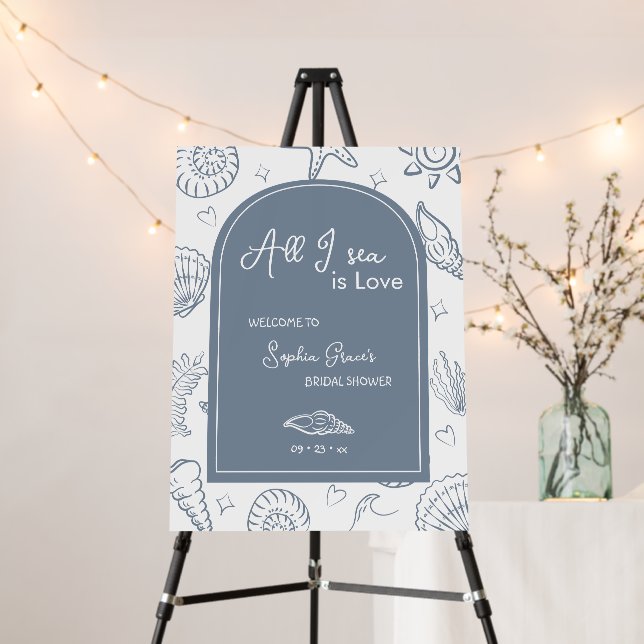 All I Sea is Love Dusty Blue Seashells Doodles  Foam Board (In Situ (Stand))