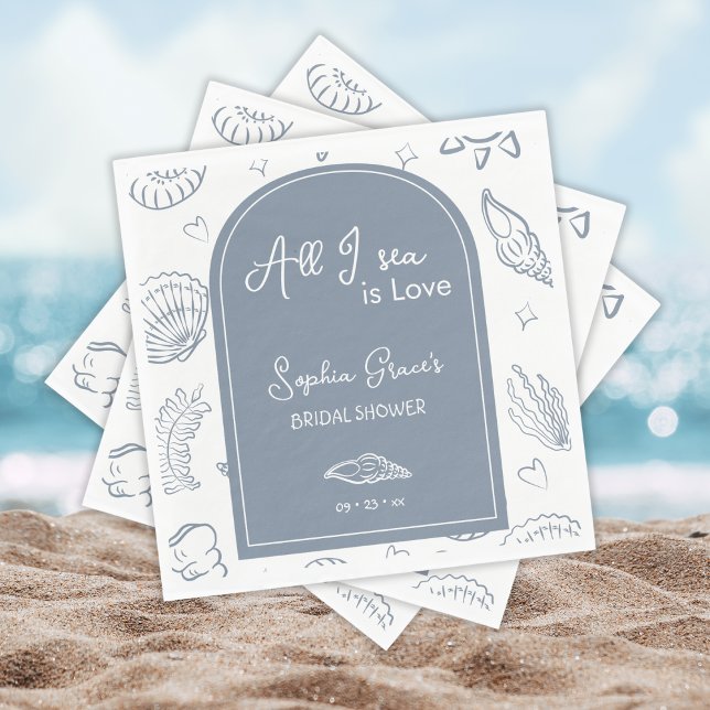 All I Sea is Love Dusty Blue Seashells Doodles  Napkins (Creator Uploaded)