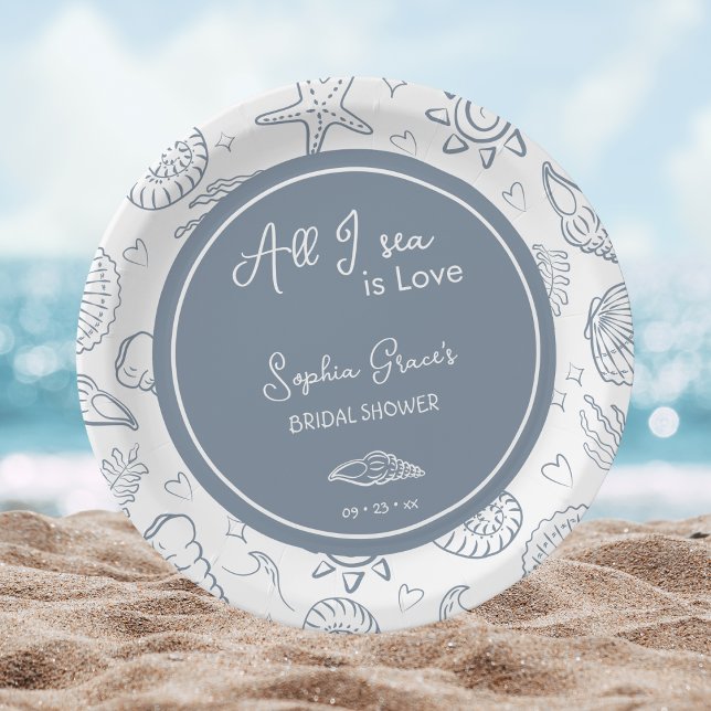 All I Sea is Love Dusty Blue Seashells Doodles  Paper Plates (Creator Uploaded)