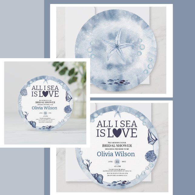 All I Sea Is Love Nautical Bridal Shower Seashell  Invitation (All I Sea Is Love Nautical Bridal Shower Seashell Invitation navy blue, light blue, and soft white)