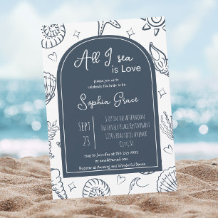 All I Sea is Love Navy Blue Seashells Doodles Invitation
