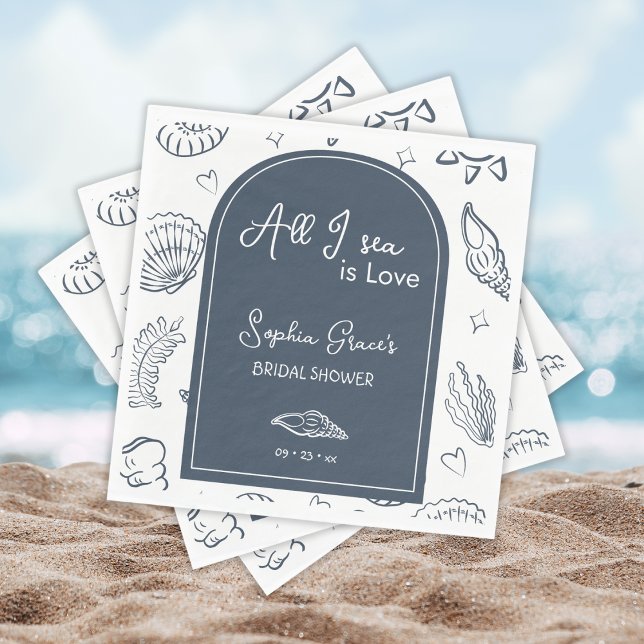 All I Sea is Love Navy Blue Seashells Doodles  Napkins (Creator Uploaded)