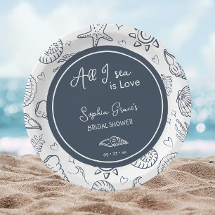 All I Sea is Love Navy Blue Seashells Doodles  Paper Plates