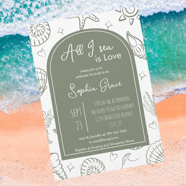 All I Sea is Love Sage Green Doodles Bridal Shower Invitation (Creator Uploaded)
