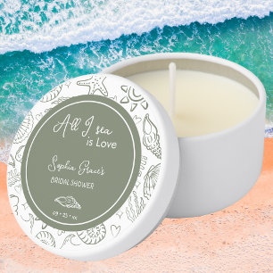 All I Sea is Love Sage Green Seashells Doodles  Mini Candle Favors