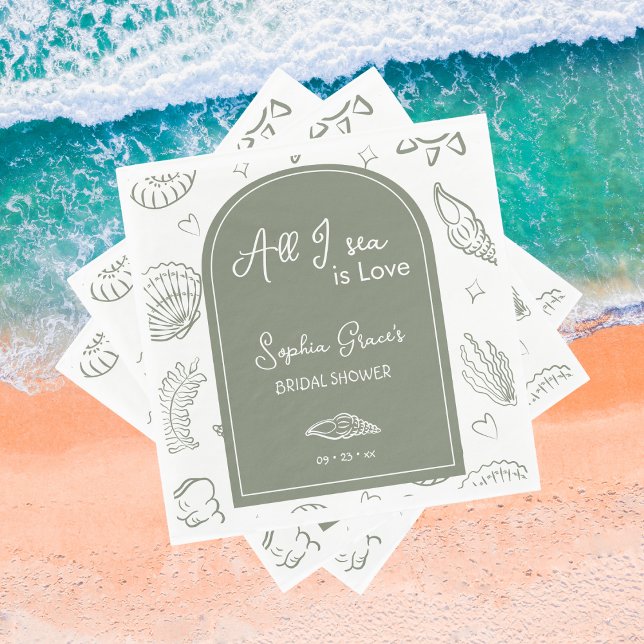 All I Sea is Love Sage Green Seashells Doodles  Napkins (Creator Uploaded)
