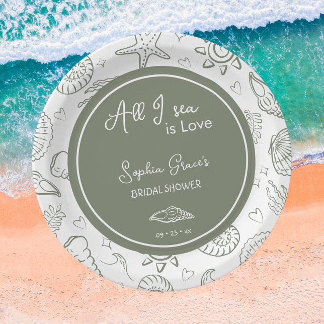 All I Sea is Love Sage Green Seashells Doodles  Paper Plates (Creator Uploaded)