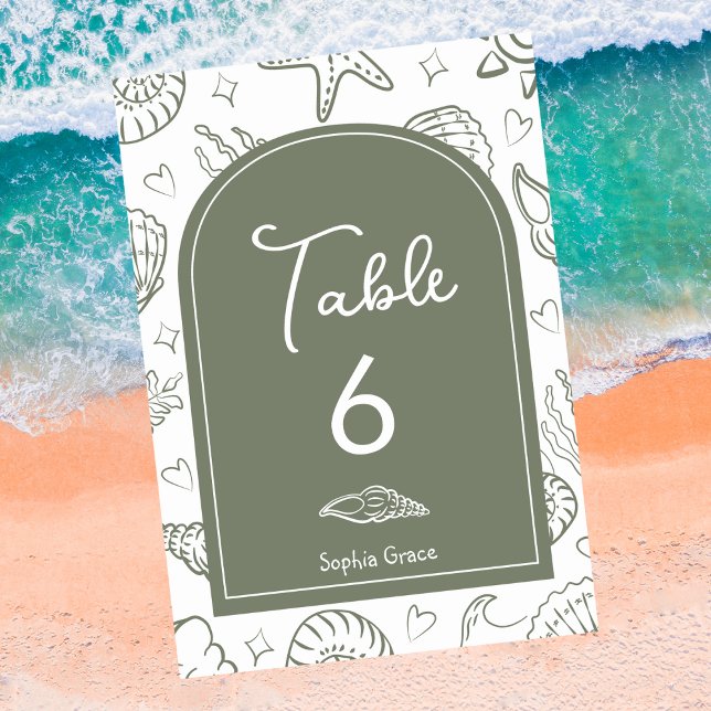 All I Sea is Love Sage Green Seashells Table Number (Creator Uploaded)