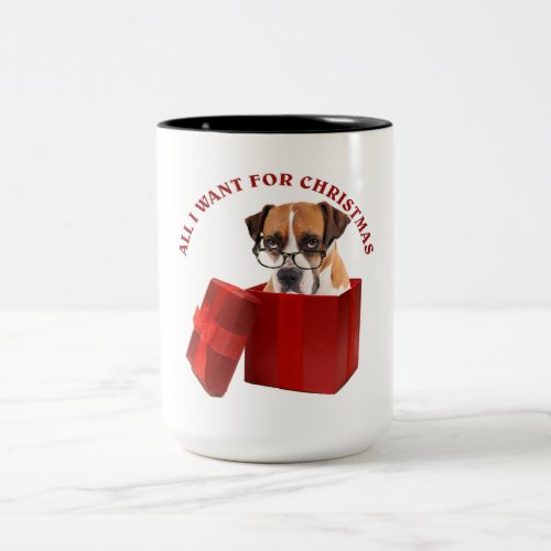 All I Want Christmas Boxer With Glasses Funny Dog Two_Tone Coffee Mug