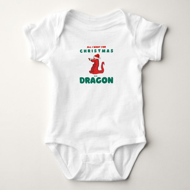 All I Want for Christmas is Dragon Santa Hat Funny Baby Bodysuit (Front)