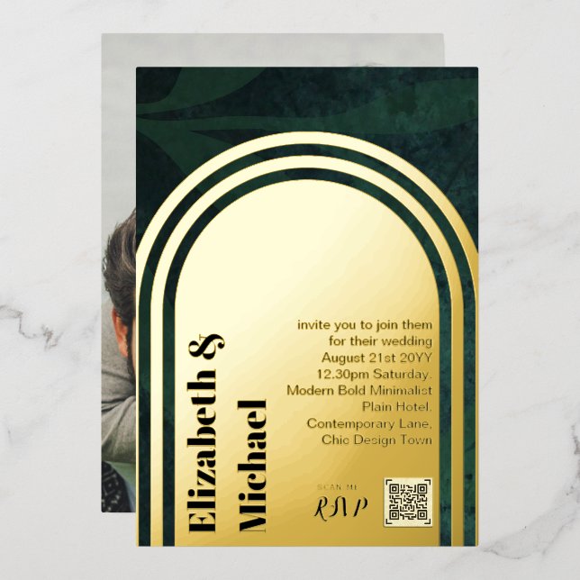 All-in1 GOLD FOIL Green Photo QR Code Modern Invitation (Front/Back)