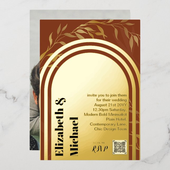 All-in1 GOLD FOIL Terracotta Photo QR Code Modern Invitation (Front/Back)