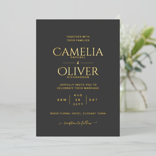  All-In-1 Black Gold Foil Wedding QR Code  Invitation (Standing Front)