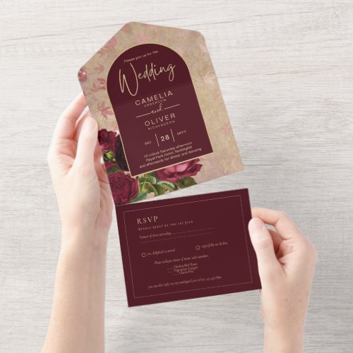 All_in_1 Burgundy Roses Vintage RSVP  Wedding All In One Invitation