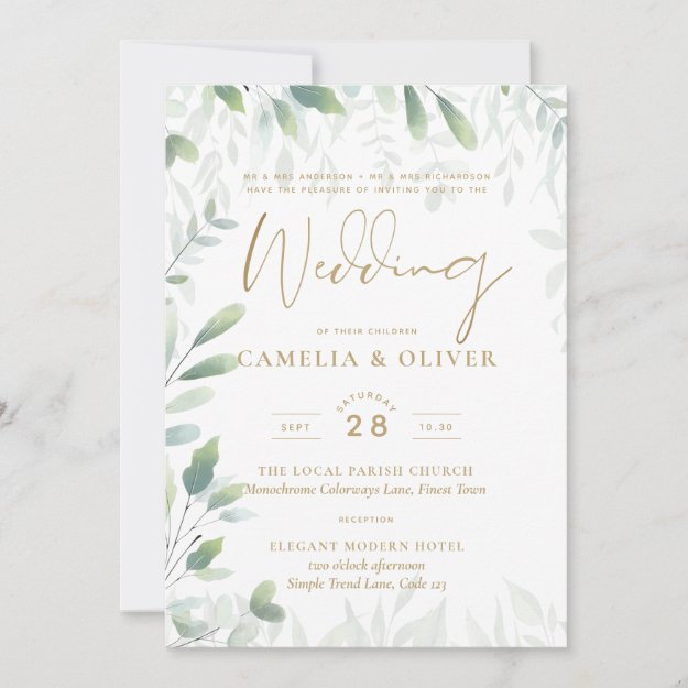 All-in-1 Classic Greenery Gold Wedding QRCode RSVP Invitation