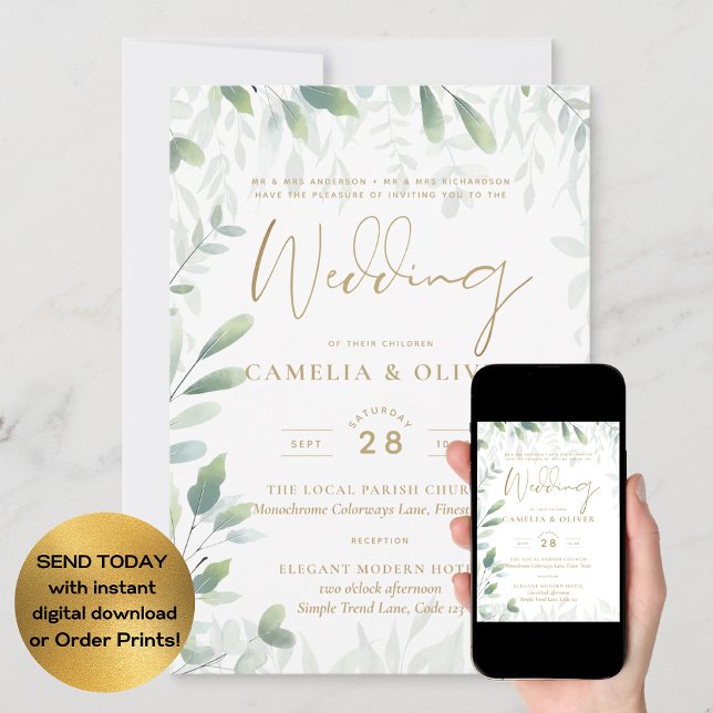 All-in-1 Classic Greenery Gold Wedding QRCode RSVP Invitation (Creator Uploaded)