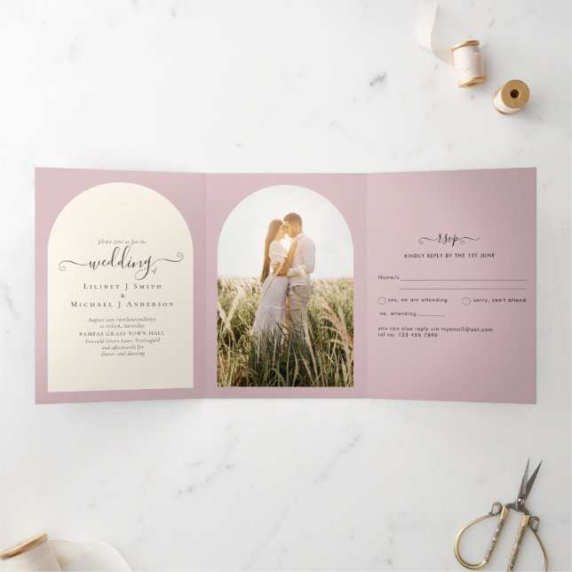 All-in-1 Dusty Rose Wedding RSVP Program PHOTO (Inside)