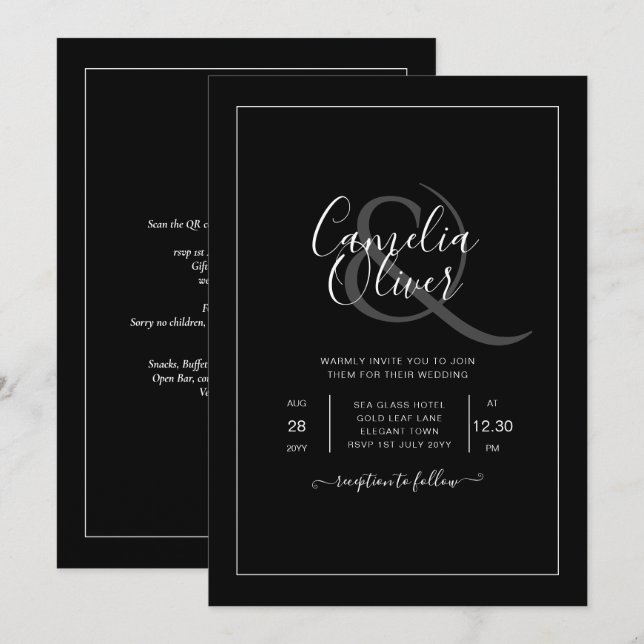 All-in-1 Elegant Classic Black White Wedding Invitation (Front/Back)