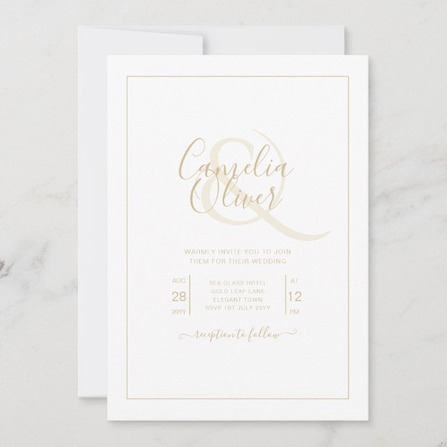 All-in-1 Elegant Classic Gold Text White Wedding Invitation (Front)
