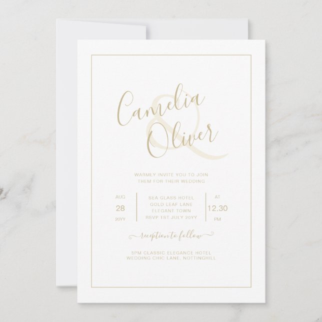 All-in-1 Elegant Classic White GOLD Text Wedding Invitation (Front)