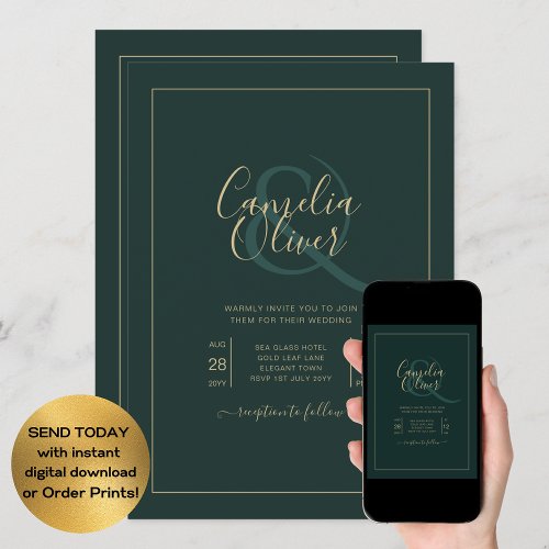 All_in_1 Elegant Emerald Green Gold Text WEDDING Invitation