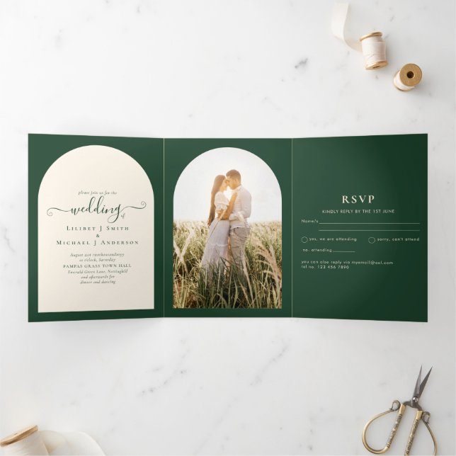 All-in-1 Emerald Green Wedding RSVP Program PHOTO (Inside)