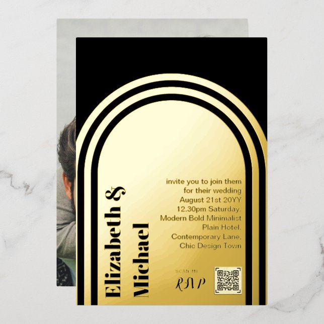 All-in-1 GOLD FOIL Black Photo QR Code Modern Invitation (Front/Back)