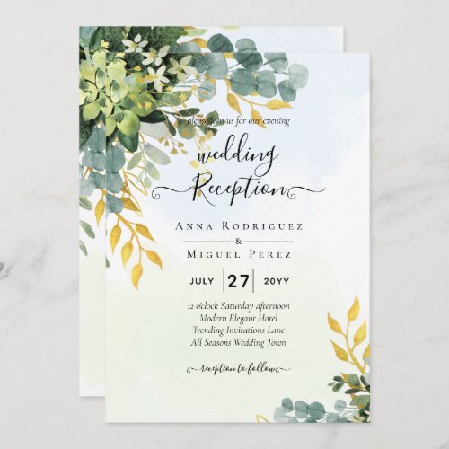 All_in_1 Greenery Gold Eucalyptus Leaves Wedding Invitation