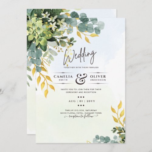 All_in_1 Greenery Gold Eucalyptus Leaves Wedding Invitation