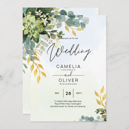 All_in_1 Greenery Gold Eucalyptus Leaves Wedding Invitation